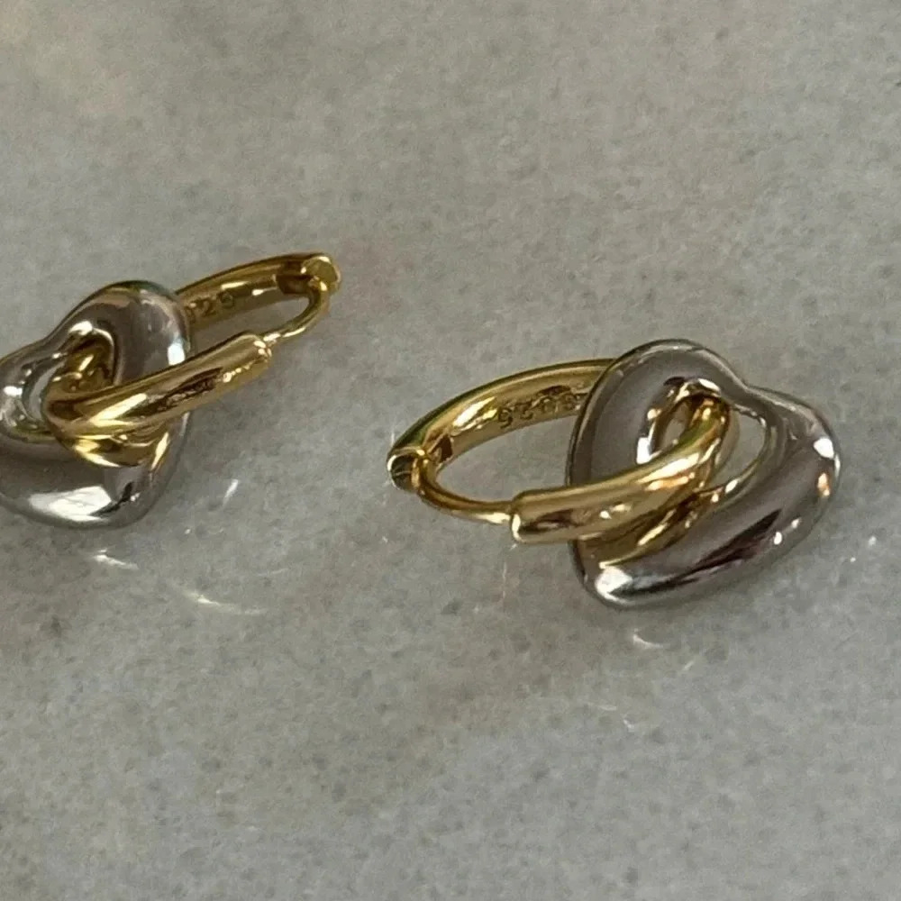 Gold Silver Two Tone Heart Bubble Charm Dangle Hoop Earrings - Picture 2 of 4